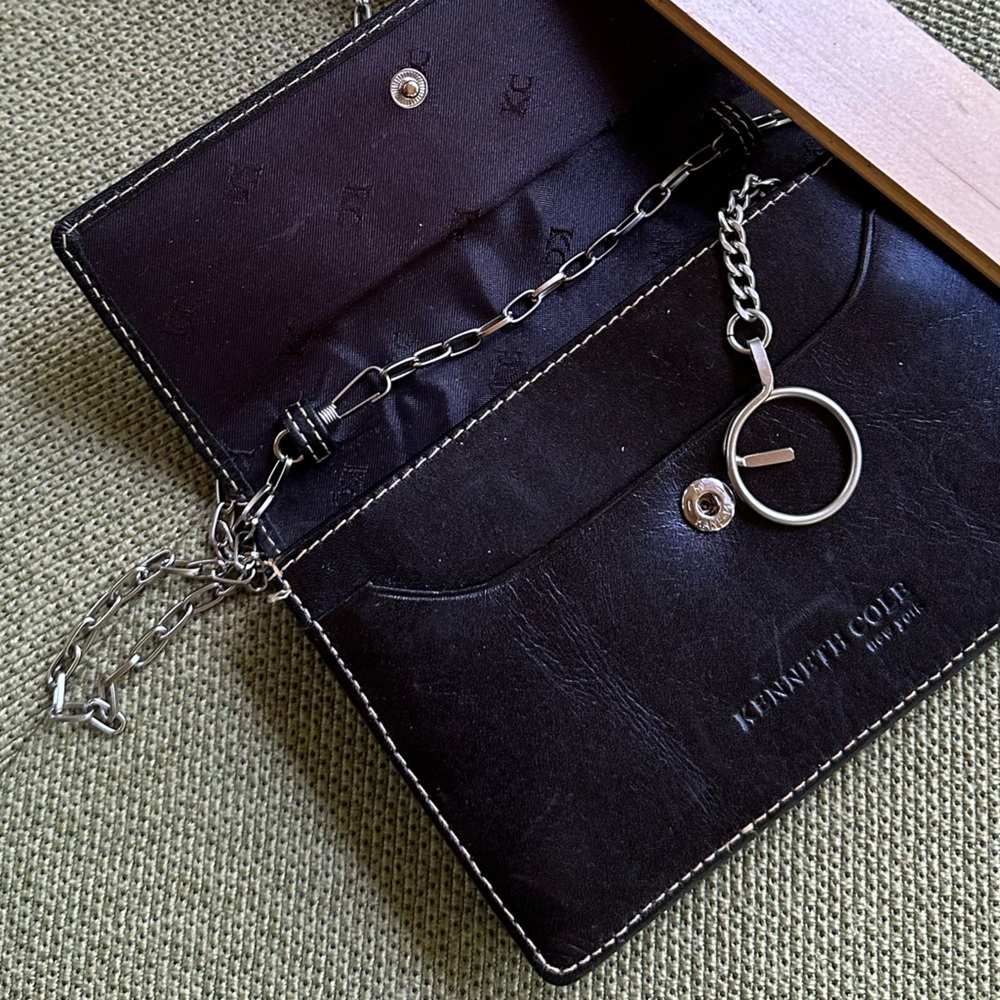 Kenneth Cole Black Leather Super-Mini Bag Edgy Silver-tone Chain Strap Minimal - Picture 11 of 16